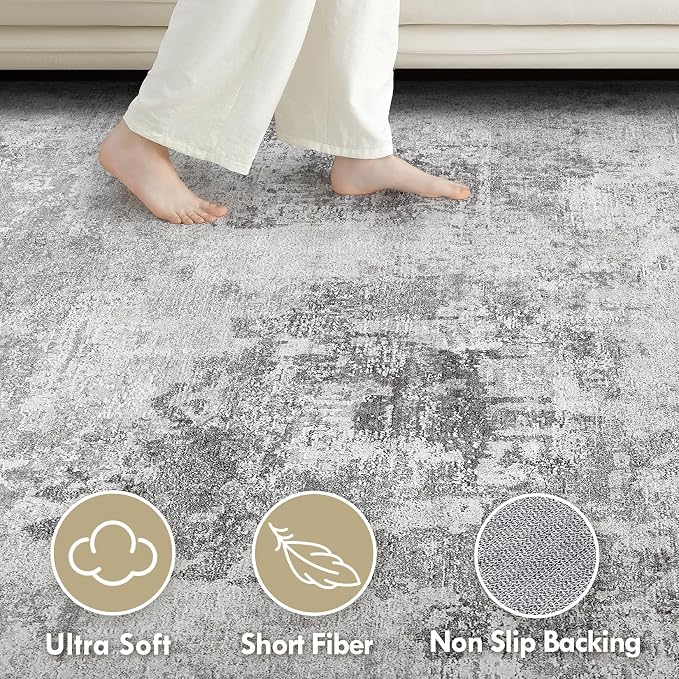 Tortania Washable 11x14 Area Rug for Living Room: Modern Abstract Neutral Large Soft Thin Rugs - Non Slip Indoor Carpet for Bedroom Dining Room Office Nursery Home Floor Decoration - Smoky Gray