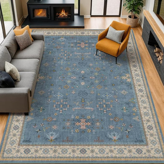 Hazo Haus Boho 9x12 Soft Rugs for Living Room - Dark Blue Rugs for Bedroom Aesthetic, Dining Room Under Kitchen Table, Washable Soft Non Slip Large Area Eclectic Unique Décor