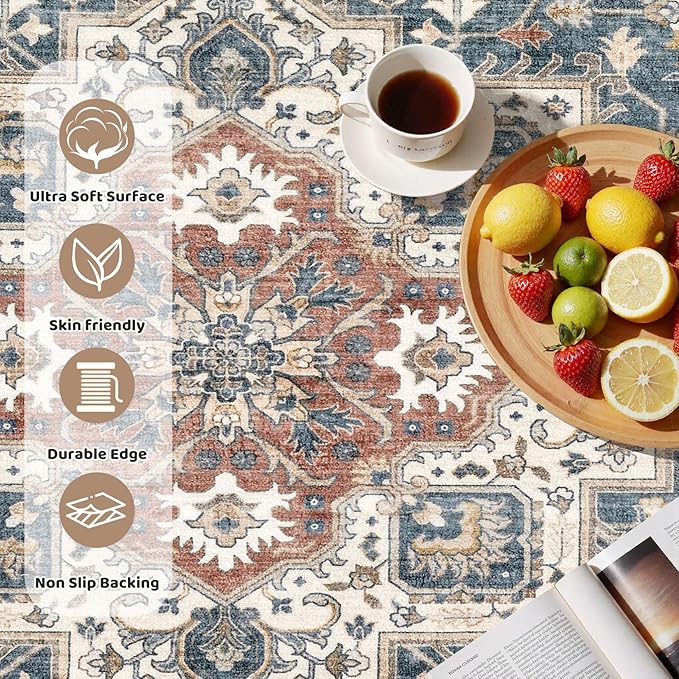 5ft Round Vintage Living Room Area Rug - 5x5 Large Soft Washable Oriental Traditional Distressed Farmhouse Rugs for Bedroom - Indoor Floor Accent Carpet for Home Office House Decor - Vintage Blue