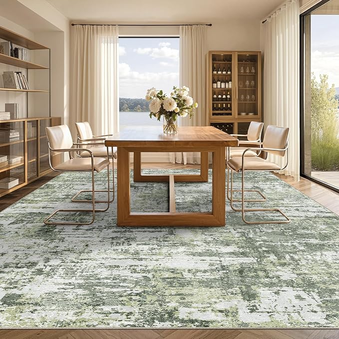 Tortania Area Rug Living Room Rugs - 10x14 Modern Abstract Neutral Large Soft Thin Rugs - Non Slip Indoor Carpet for Bedroom Dining Room Office Nursery Home Floor Decoration - Green