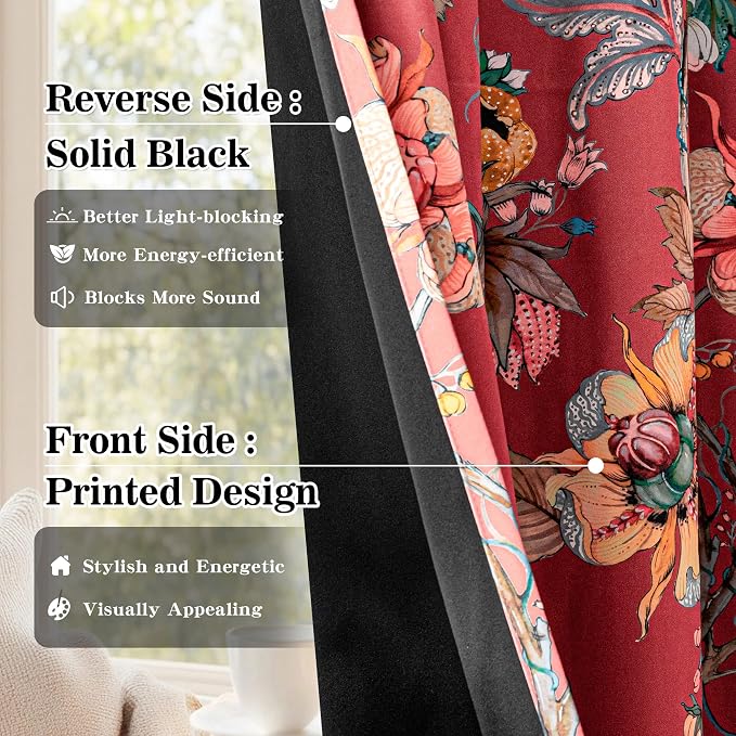 MYSKY HOME 95% Floral Blackout Curtains 63 Inch Length Bedroom Black Out Thermal Insulated Curtain Printed Flower Vintage Style Grommet Window Panels Living Room Kitchen, Pack-2, Terracotta