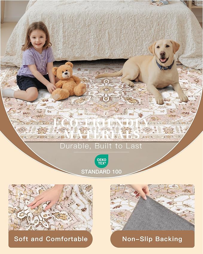 Madane Washable Runner Rugs 2x10 Long for Hallway Kitchen, Pink | Non-Slip Low-Pile 10ft Rug Runners Soft, Stain-Resistant Floor Carpet Mat for Entrance, Living Dining Laundry Room
