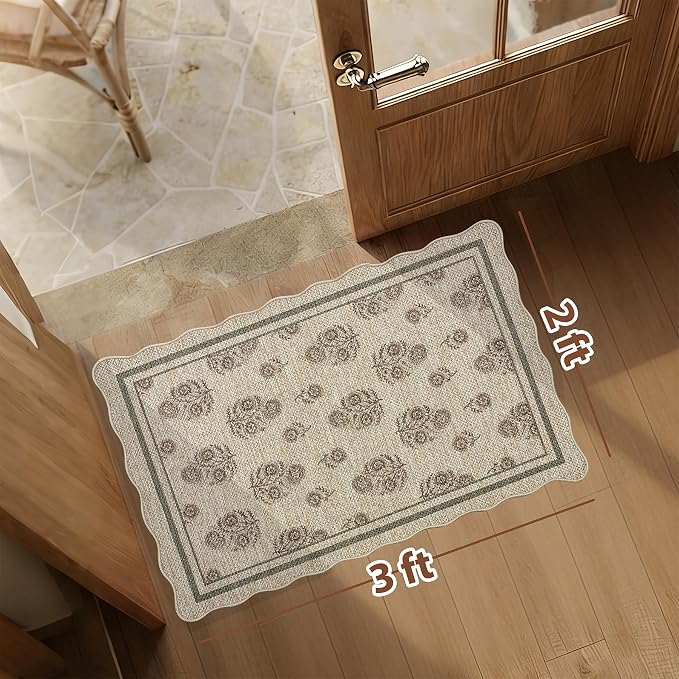 ORTIGIA Scalloped Easy Jute 2x3 Area Rug Vintage Brown Floral Accent Farmhouse Washable Rug Non-Slip Indoor Outdoor Carpet for Living Room Bedroom Kitchen Patio Entryway