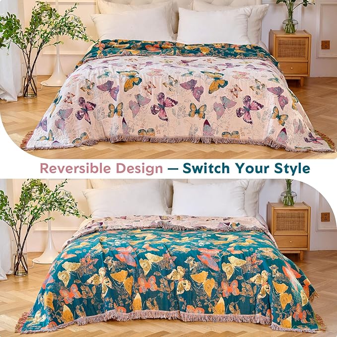 Boho Butterfly Throw Blanket 50"x60" Couch Blanket,100% Cotton Reversible Soft Breathable Lightweight Spring Decorative Blankets with Tassels for Sofa Bed Decor All Season