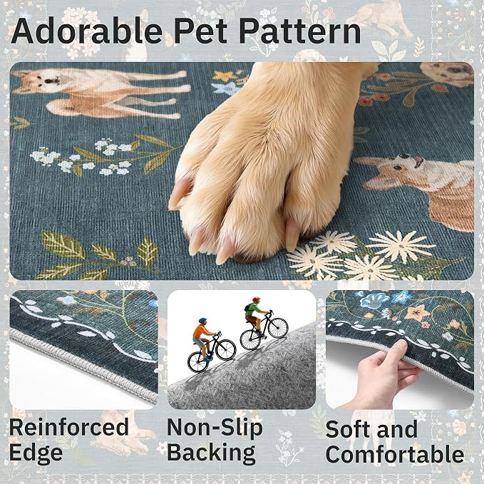 Soalmost Dog 5x7 Area Rugs for Living Room, Machine Washable Animal Floral Vintage Rug Non-Slip Low Pile Soft Throw Rugs for Kitchen Dining Room Bedroom Nursery Playroom (5 x 7,Navy Blue)