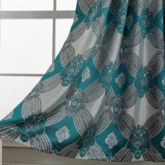 Petrichor Elegant Curtains with Gold Silver Threads 2 Panels Set - Luxury Window Treatment Attached Valance, Sheer Backing, and 2 Tie Backs for Bedroom and Living Room, 54x95 inches, Teal