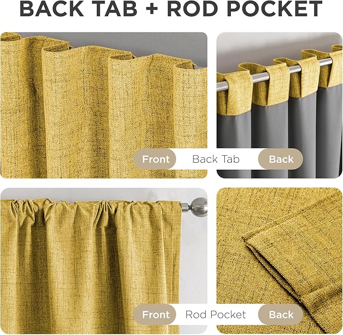 Joydeco Blackout Curtains for Bedroom - 96 Inch Long 100% Light Blocking 2 Panels Set Yellow Drapes, Thermal Insulated Room Darkening Curtains, Linen Textured for Living Room, Rod Pocket & Back Tabs