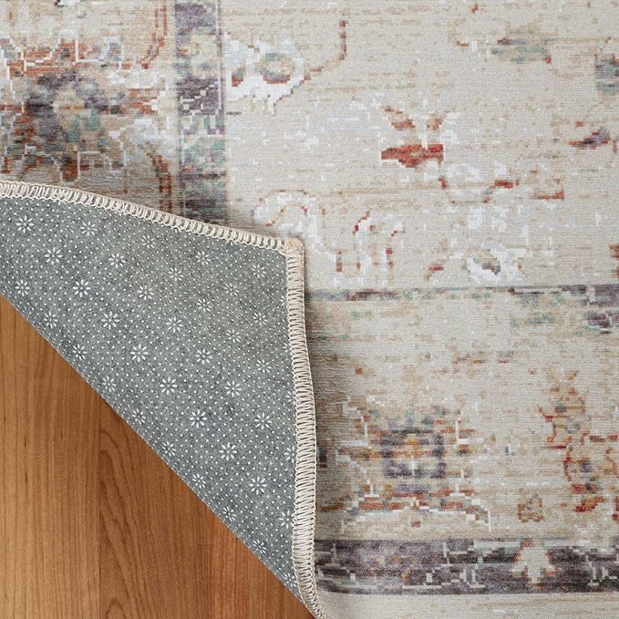 Superior Floral Scroll Washable Runner Rug, Cotton Backing, Carpet for Dining Table Mud Room, Non-Slip Rug for Hallway, Entry, Kitchen, Low Pile Area Rug, Swan Collection, 7' x 10', Cream