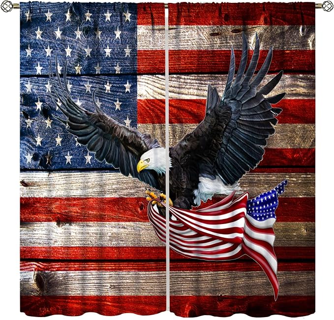 American Flag Curtains, Rustic 4th of July Independence Day Bald Eagle USA Stars Drapes for Bedroom Living Room Kitchen Window Treatment 2 Panels Set Total Size 42" W X 63" L Inch