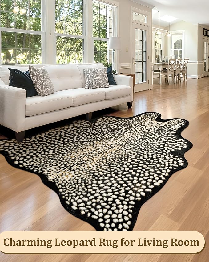 Leopard Print Rug for Living Room, Cheetah Rug 5.2x7 Faux Animal Print Skin Cheetah Area Rug for Bedroom Nursery Animal Fur Hide Irregular Shaped Rustic Antelope Black