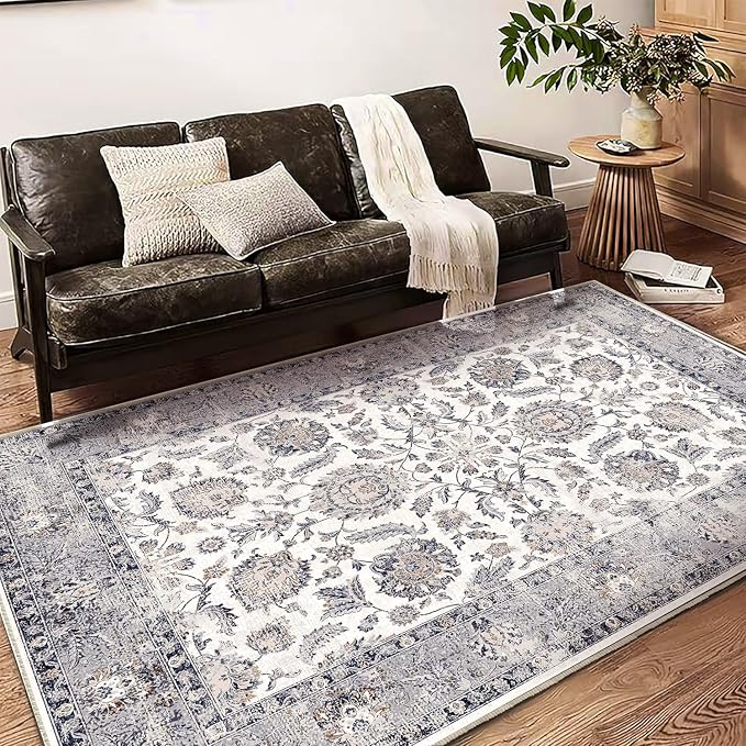 CHAMPLANT Washable Area Rug 5x7 Retro Boho Chic Medallion Distressed Design Living Room Indoor Non-Slip Large Oriental Accent Throw Rug for Kitchen Bedroom Office Carpet