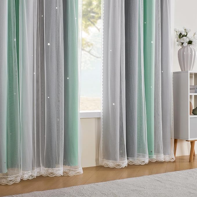 XiDi Curtains for Bedroom Decor, Rainbow Green LightgreyGrey52/45/1
