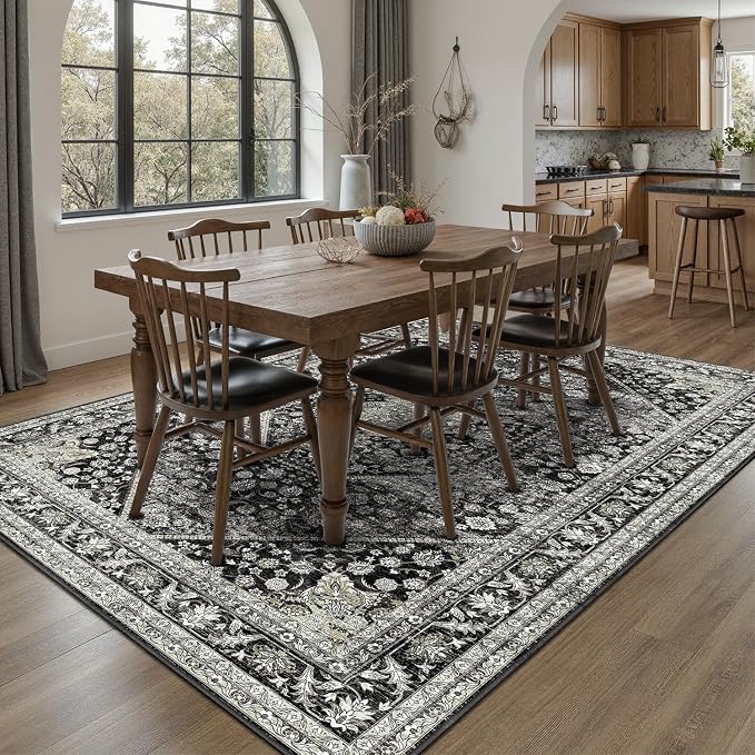 DCX Machine Washable Black Area Rug 8x10, Non Slip Stain Resistant Vintage Floral Rug for Living Room Bedroom Dining Room, Soft Low Pile Large Carpet