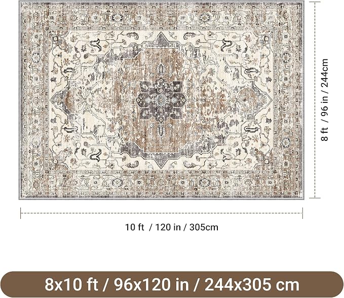 befbee 8x10 Area Rugs for Living Room, Stain Resistant Neutral Washable Rugs for Dining Room, Floral Vintage Non-Slip Thin Large Size Area Rug (Brown/Grey)