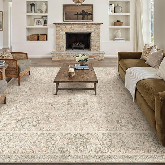 HUGEAR 9x12 Machine Washable Area Rugs Vintage Beige - Neutral Living Room Bedroom Rug Non Slip Stain Resistant Low Pile Aesthetic Throw Carpet Kids & Pet Friendly