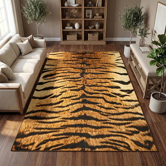 Soft Tiger Rug 5x7 Ft, Faux Animal Print Rugs for Living Room Bedroom, Non-Slip TPR Backing for Hardwood Floors, Machine Washable & Easy to Clean, Pet Friendly Carpet for Kids, Brown, Black