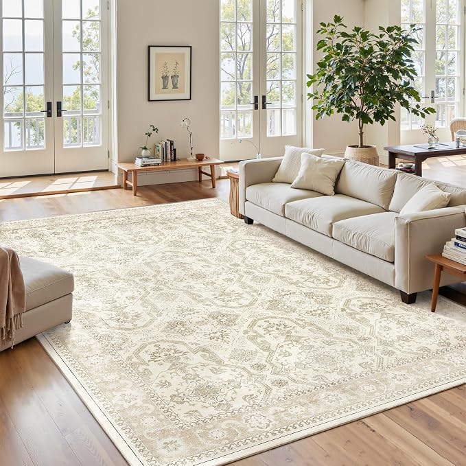 Soalmost Area Rugs 5x7, Washable Rug, Stain Resistant 5x7 Area Rugs for Living Room Bedroom Dining Room, Vintage Gray Farmhouse Rug Beige