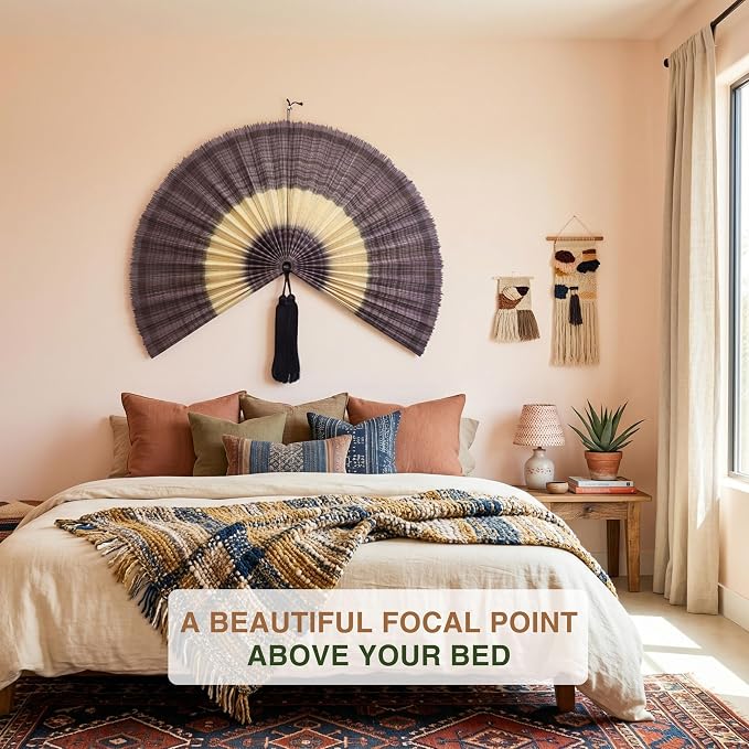 SUCHUBU Purple Bamboo Wall Fan, 40" Unique Handwoven Wall Decor, Large Japanese Hanging Fan, Asian Art for Bedroom, Aesthetic Soft Purple Wall Accent, Hook Strap Included (Chevolet, Medium)