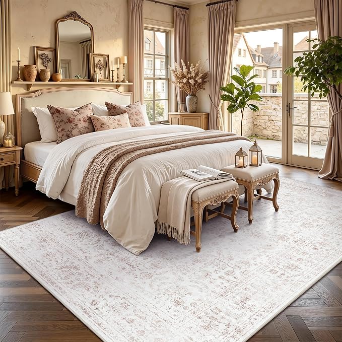 6x9 Area Rugs, Washable Vintage Retro Floral Rug for Living Room, Low Pile Non Slip Distressed Large Carpet for Bedroom, Dining Room, Office, Home (Pink)