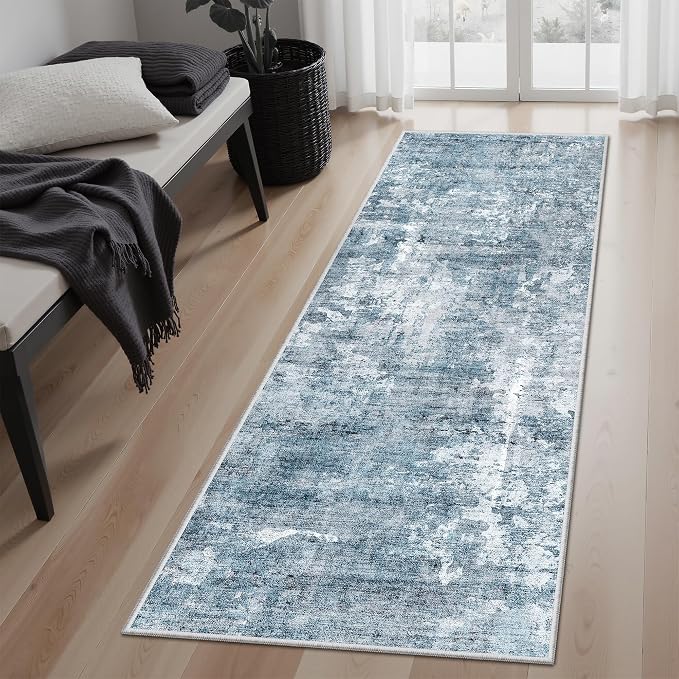Soalmost Runner Rug 2'x6' Abstract Washable Non-Slip Runner Rugs for Kitchen Bathroom Laundry Room Blue Vintage Floor Carpet Runners for Hallway Entryway