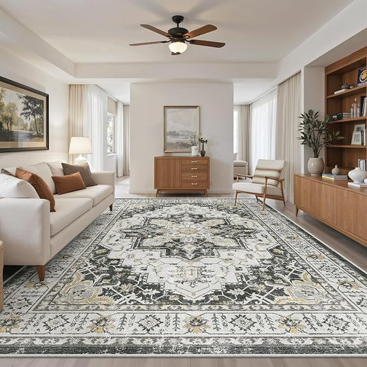 Madane 8x10 Area Rugs for Living Room, Non-Slip Vintage Washable Rug, Black | Ultra-Thin Stain Resistant Large 8'X10' Carpet, Soft Low Pile Floor Mat For Bedroom Dining Room Office Home Decor