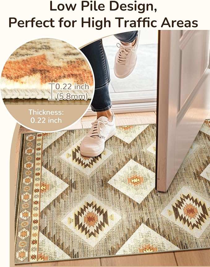 BESTSWEETIE Area Rug 7x9Rug Machine Washable Non-Slip Low Pile Print Pattern Western Rug for Living Room Bedroom Entryway Tribal Series-Cream/Camel