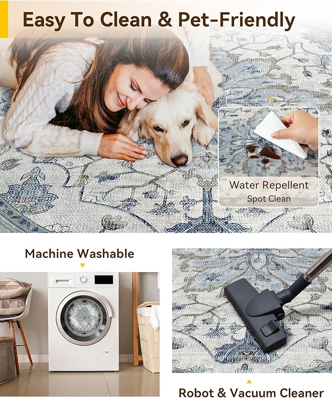 RELEANY Area Rugs Round 4ft Washable Non-Slip, Floral Vintage Distress Medallion Carpet for Living Room Bedroom Dining Room, Light Blue Navy Gray White