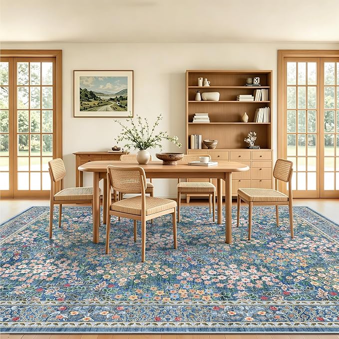 8x10 Area Rugs, Machine Washable Low Pile Floral Rugs for Living Room, Bedroom, Large Boho Area Rug with Non-Slip Backing for Dining Room(Blue Floral)
