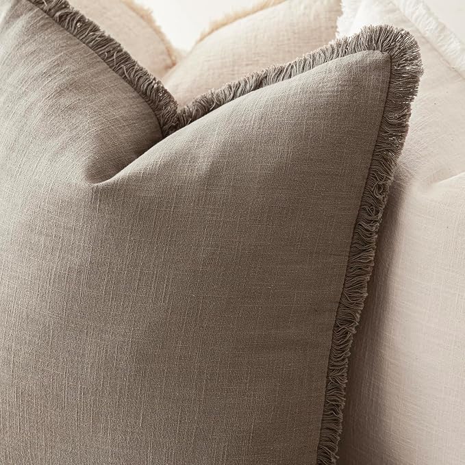 Foindtower Set of 2 Decorative Linen Fringe Throw Pillow Covers Boho Farmhouse Cushion Cover with Tassels Soft Accent Pillowcase for Couch Chair Sofa Bed Living Room Home Decor,20×20 Inch,Brown Tan