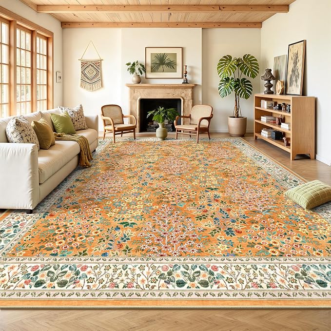 8x10 Area Rugs, Machine Washable Low Pile Floral Rugs for Living Room, Bedroom, Large Boho Area Rug with Non-Slip Backing for Dining Room(Orange Floral)