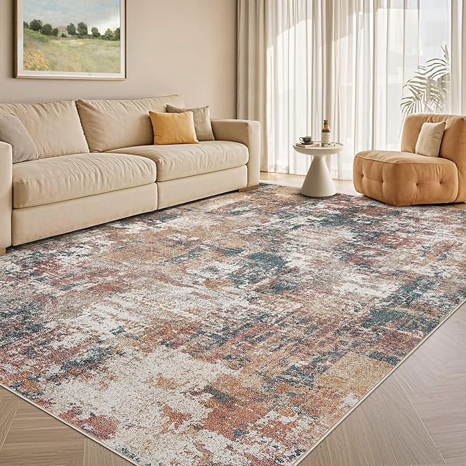Tortania Washable 5x7 Area Rug for Living Room: Modern Abstract Neutral Large Soft Thin Rugs - Non Slip Indoor Carpet for Bedroom Dining Room Office Nursery Home Floor Decoration - Colorful Multi