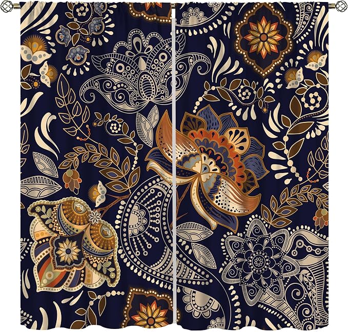 Indian Boho Curtains, Mandala Design Colorful Boho Floral Paisley Curtains, Bedroom Living Room Blackout Decorative Curtains, 2 Panel Set, 72x63 Inch.