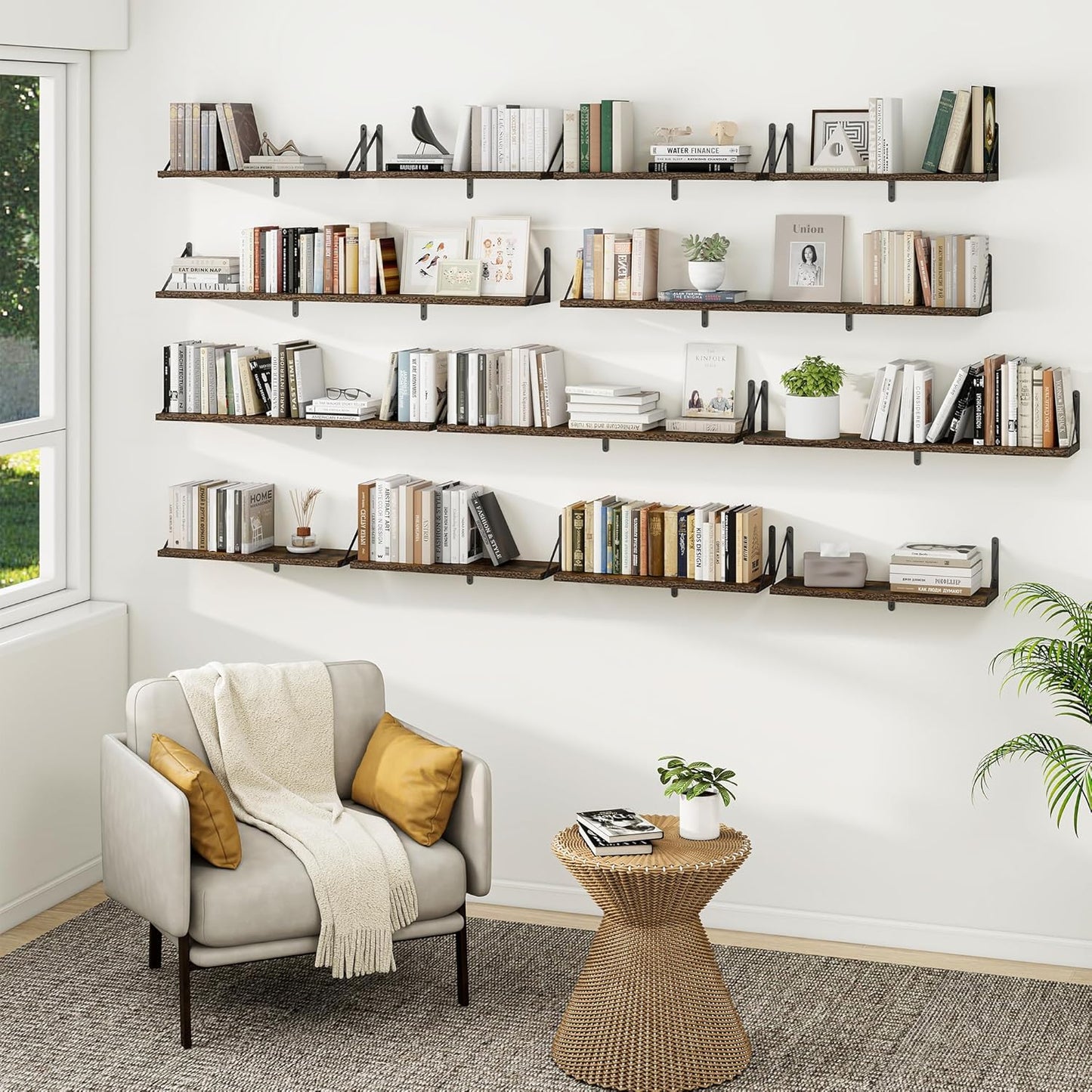 Heimlove 48 Inch Large Floating Bookshelves Set of 3,Rustic Brown Wood Wall Mounted Bookshelves,Heavy Duty Shelves for Living Room,Bedroom,Kitchen,Laundry Room Storage & Decor