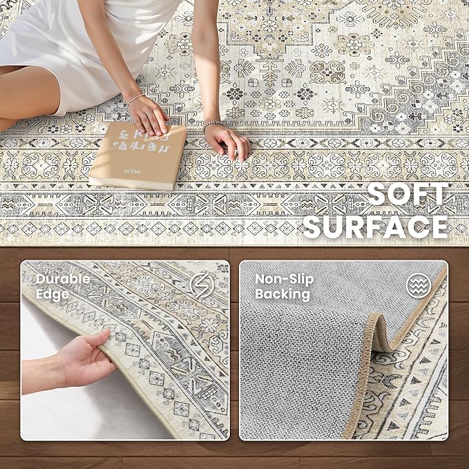 zesthome Rug Runners for Hallways Non Slip - 2x8 Runner Rug for Bedroom, Washable Runner with Rubber Backing, Soft Low-Pile Carpet for Kitchen, Laundry, Bathroom (Beige,2'x8')