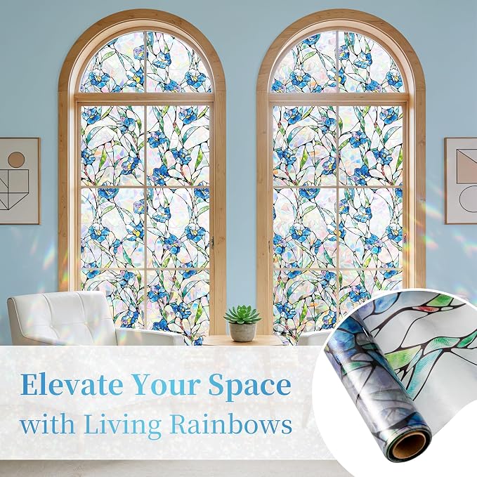 Finnez Window Privacy Film 3D Static Cling Window Film with Rainbow Effect, No Glue Heat Control & 99% UV Blocking for Home Office, Decorative Glass Cover 17.5" x 13.1'
