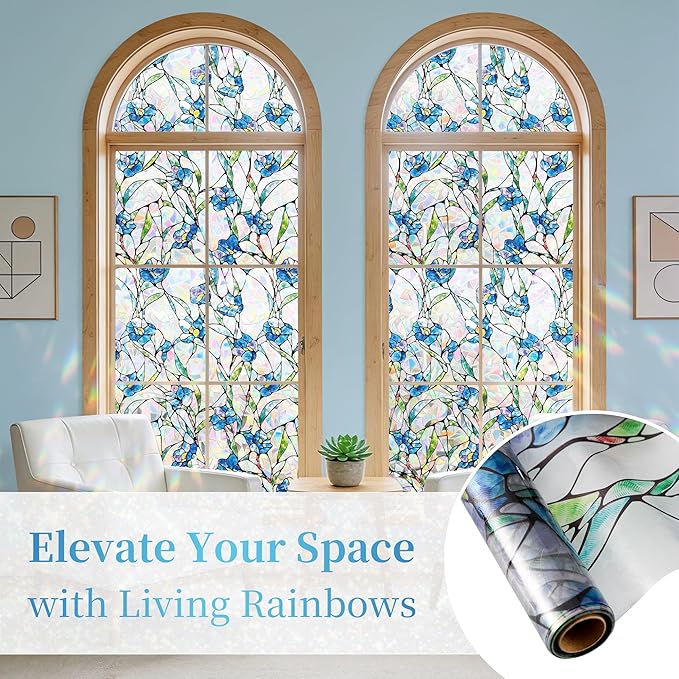 Finnez Window Privacy Film 3D Static Cling Window Film with Rainbow Effect, No Glue Heat Control & 99% UV Blocking for Home Office, Decorative Glass Cover 35.4" x 6.5'