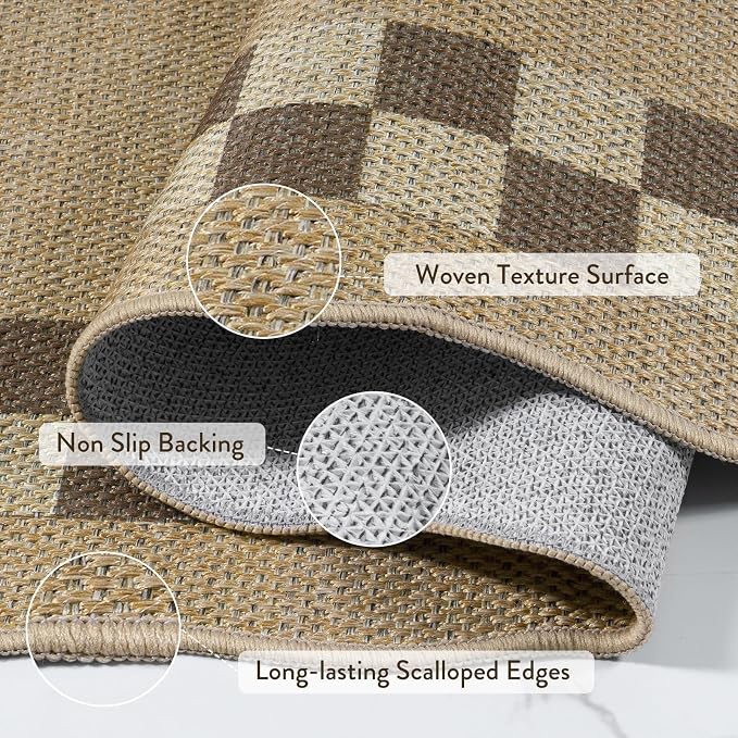 LIVEBOX Scalloped Easy Jute Checkered 8x10 Outdoor Rug, Washable Farmhouse Tan Rugs for Living Room Bedroom, Geometric Indoor Outdoor Non Slip Rug Dining Room Mat Carpet for Patio Backyard Home Decor