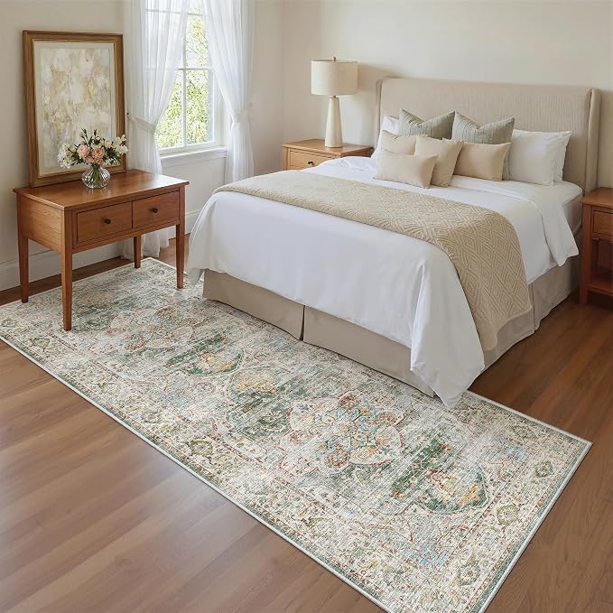Madane Kitchen Runner 2'6''x8' Soft Rug Runners for Hallways, Green | Vintage Machine Washable Printed Rugs 2.5x8 Ft, Non-Slip Low Pile Stain-Resistant 8ft Floor Carpet for Laundry Room, Corridor