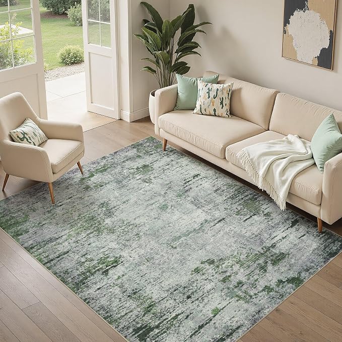 DMOYEST Area Rug Living Room Rugs - 5x7 Large Soft Indoor Neutral Modern Abstract Low Pile Washable Rug Carpet for Bedroom Dining Room Farmhouse Home Office - Green/Grey/Brown