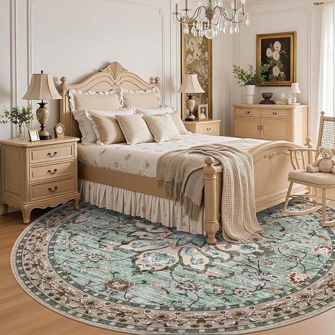 Round Area Rug for Living Room: 8 ft Washable Vintage Boho Soft Thin Circle Rug Indoor Floor No Slip Stain Resistant Carpet for Bedroom Dining Room Farmhouse Nursery Home Office - Brown Green