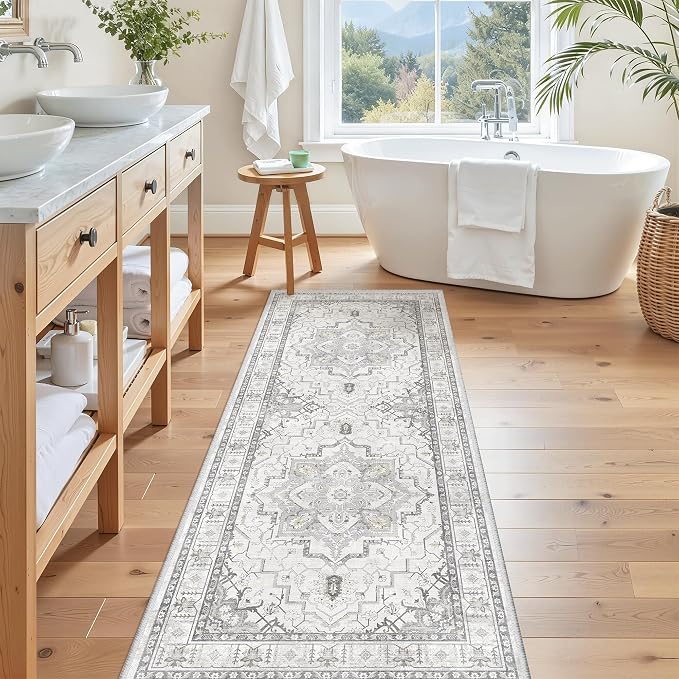 Madane Hallway Runner Rug 2x5 Washable Entry Rugs Non-Slip, Grey | Vintage Printed Low-Pile Kitchen Runners, Soft Low-Pile Stain-Resistant Throw Carpet for Bedroom Entrance Laundry Room 2'x5'