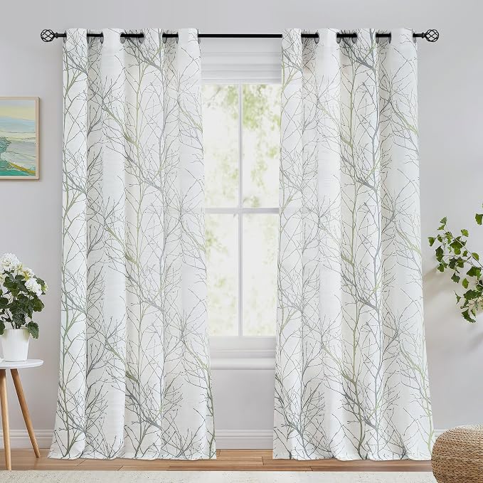 FMFUNCTEX Linen Semi Sheer Curtains for Bedroom, Sage Green White Curtains 96 Inches Long for Living Room, Grey Tree Branch Print Curtain Light Filtering Farmhouse Window Drapes, Grommet Top 2 Panels