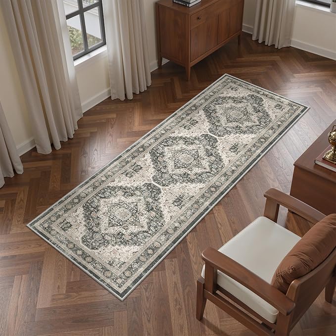 Roxstand Washable 2x6 Hallway Runner Rug, Black/Beige | Low-Pile Carpet, Non-slip Backing,6ft Runner, Stain Resistant, Runner for Kitchen, Laundry Room, Entryway, Vintage Design