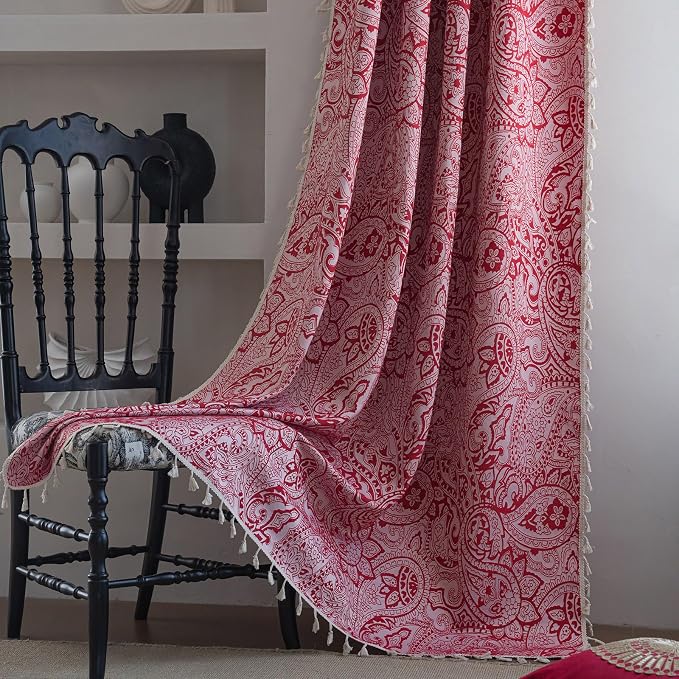 ENJOYBRIDAL Red Paisley 96 Inch Curtains for Bedroom Boho Drapes Semi Sheer Rod Pocket 2 Panels Long Window Curtain Panels for Living Room Farmhouse Jacquard Decorative Vintage Window Treatments