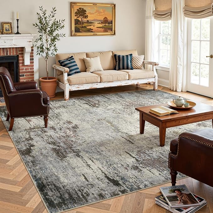 DMOYEST Area Rug Living Room Rugs - 10x14 Washable Large Soft Indoor Neutral Modern Abstract Low Pile Rug Carpet for Bedroom Dining Room Farmhouse Home Office - Brown Rust