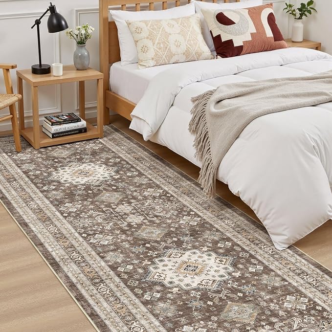 Vintage Hallway Runner Rug 3x8: Large Soft Washable Entryway for Kitchen Laundry Room Non-Slip Backing Runner for Entrance Living Room Bedroom Bathroom - Dark Brown