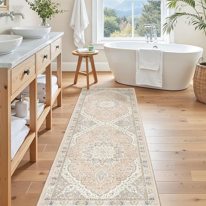 Madane Washable Runner Rug 2x6 Runners for Hallways Non Slip, Pink/Gray | Vintage Stain-Resistant 6 Feet Kitchen Rug, Soft Low-Pile Ultra-Thin Floor Carpet Mat for Bathroom Laundry Room Bedroom 2x6ft