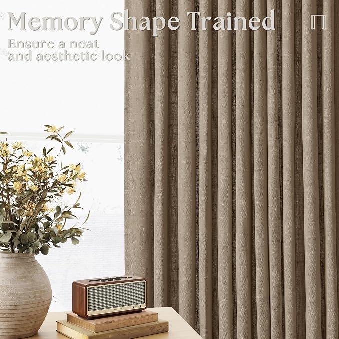 Light Brown Pinch Pleated 105 Inch Curtains 2 Panels Set for Windows White Linen Blend Curtains Pinch Pleat Back Tab Privacy Light Filtering Latte Drape with Hooks and Rings for Living Room Bedroom