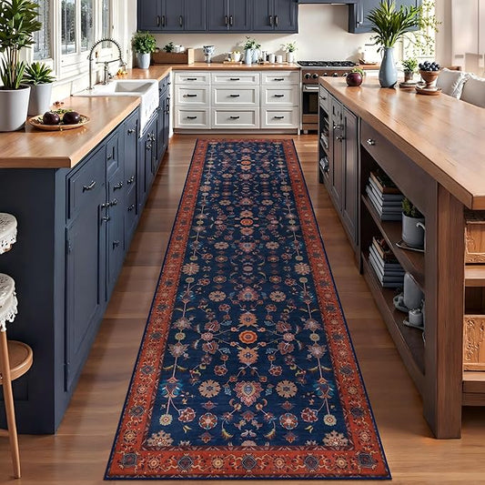 Tangsoo 2.6x14 Washable Runner Rug for Hallway Non Slip, Boho Floral Vintage Red Blue Carpet Long Runner Rugs for Entryway Kitchen, Floor Low Pile Runners for Laundry Bedroom Alfombra Farmhouse