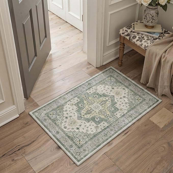 GENIMO 5x7 Area Rugs for Living Room, Machine Washable Non Slip Vintage Rugs, Low Pile Lightweight Chenille Print Rug for Bedroom, Dining Room, Home Office, Sage Green